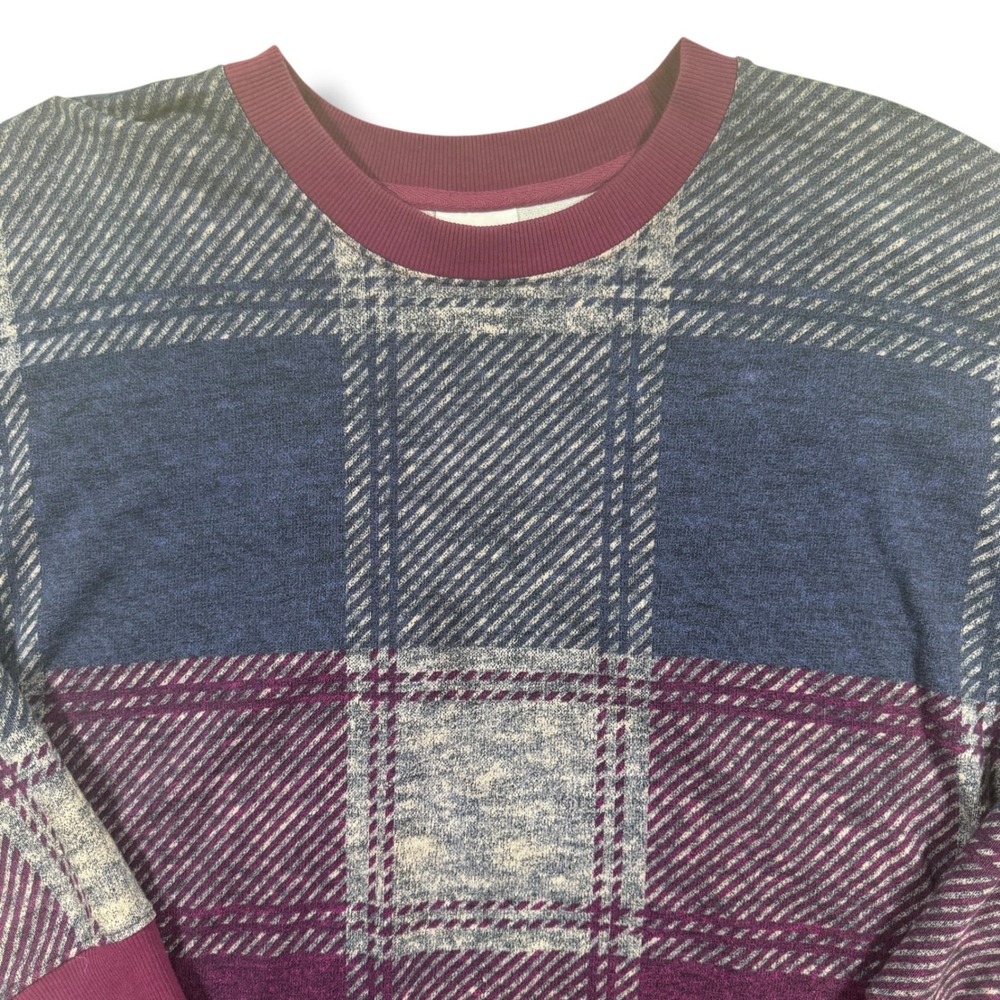 LuLaRoe Hannah Plaid Crewneck Sweatshirt Size Large Womens Purple Blue
